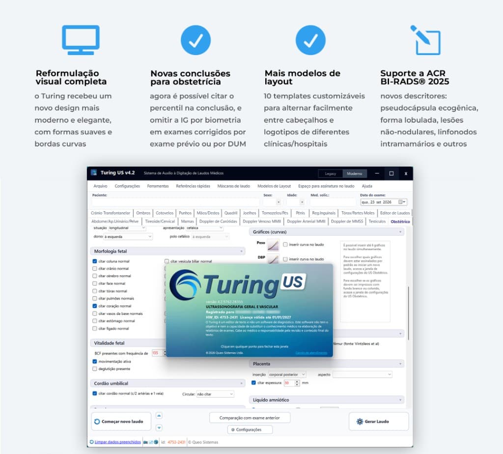 Turing US 4.2 — reformulação visual, novidades em obstetrícia, modelos de layout e suporte ACR BI-RADS® 2025
