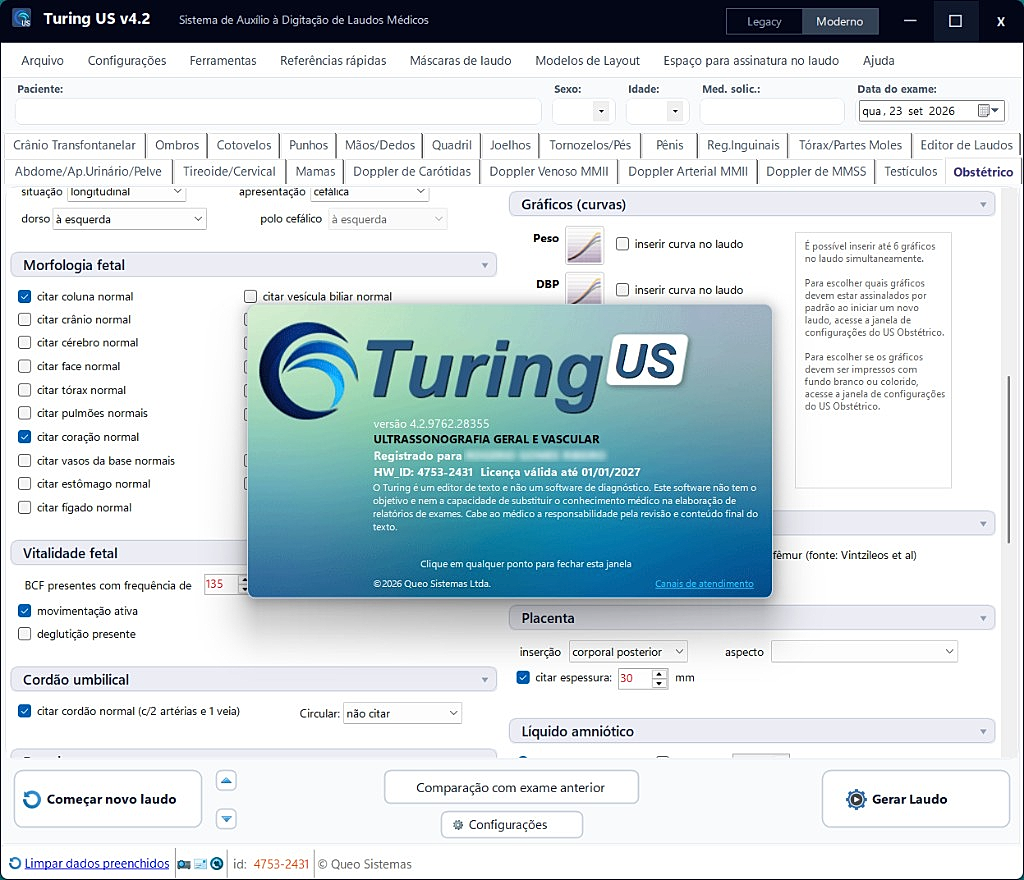Tela do Turing US — formulário eletrônico para digitação de laudos de ultrassonografia